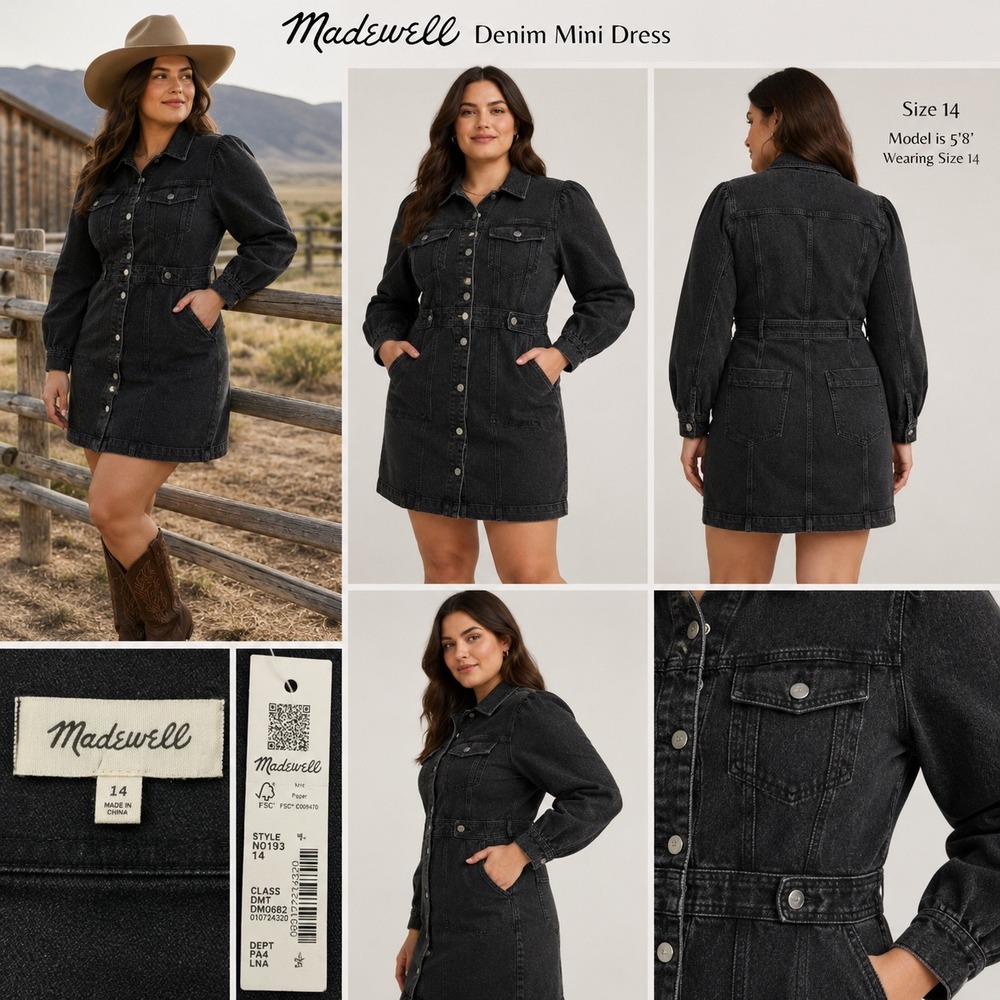 Madewell Womens Black Denim Long Sleeve Button Front Mini Dress N0 Size 14